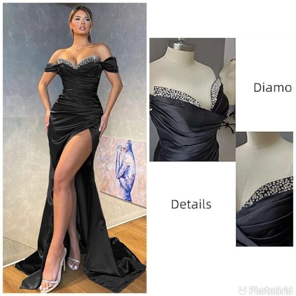 New Sexy Black Satin Off The Shoulder Pleated Long Prom Formal Dress - Picture 1 of 16